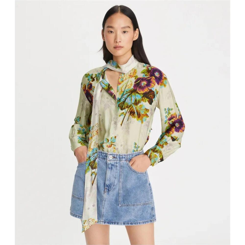 Sold Tory Burch Printed Viscose Bow Blouse top $448 size 14 NN34 - Picture 8 of 10